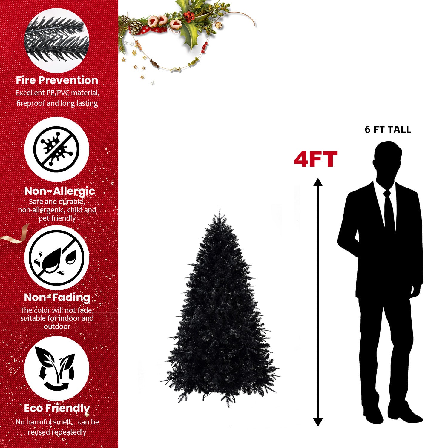 Pre-Lit Black Artificial Christmas Tree with White Lights - 5ft to 9ft - LumiqHome