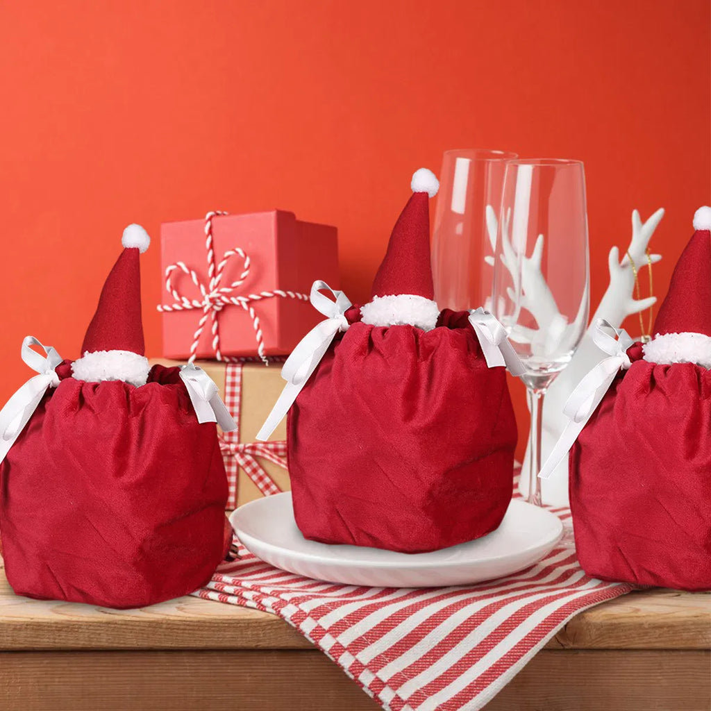 Christmas Hat Flannel Drawstring Gift Bags Set of 5 - LumiqHome