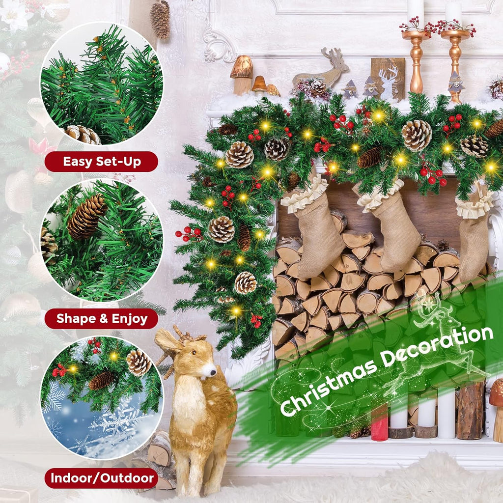 12ft Christmas Garland with Assorted Decor - Build Wreaths or Lay Flat - LumiqHome