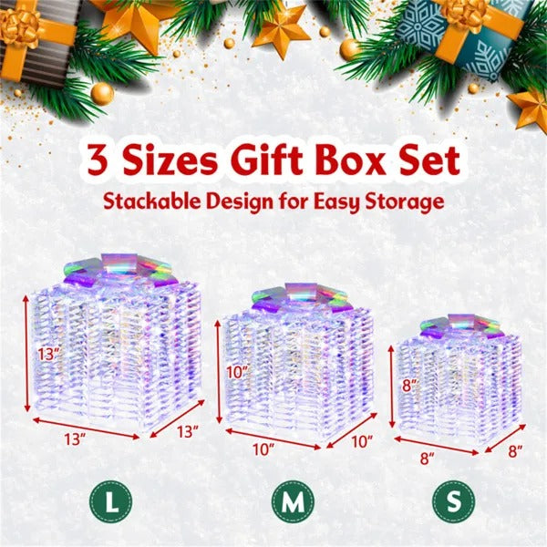 Pre-Lit Iridescent Gift Boxes Set of 3 – 140 LED Warm White Lights – LumiqHome
