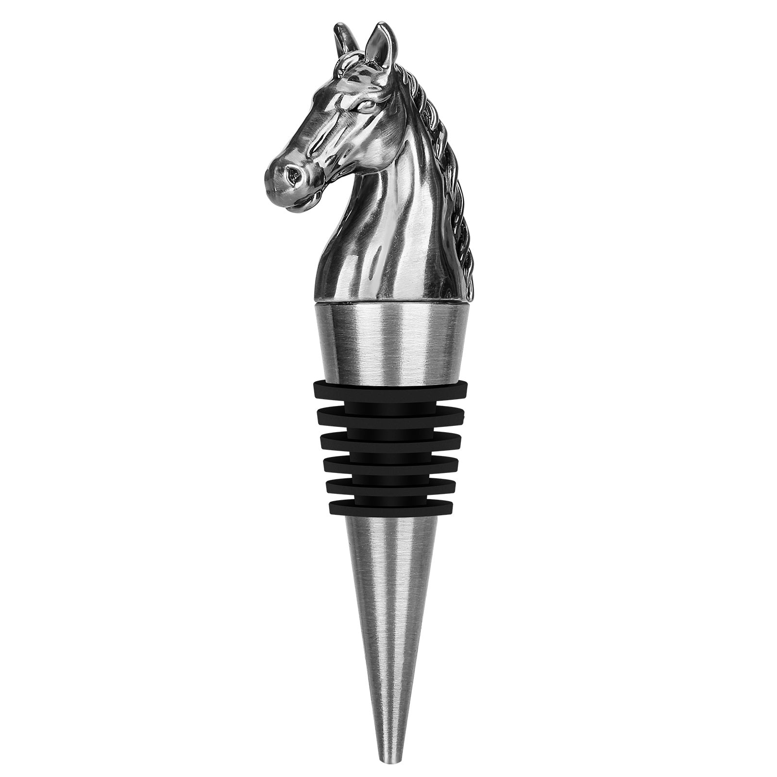 Horse head wine stopper with detailed design and measurements for wine bottle decor, 10cm tall.