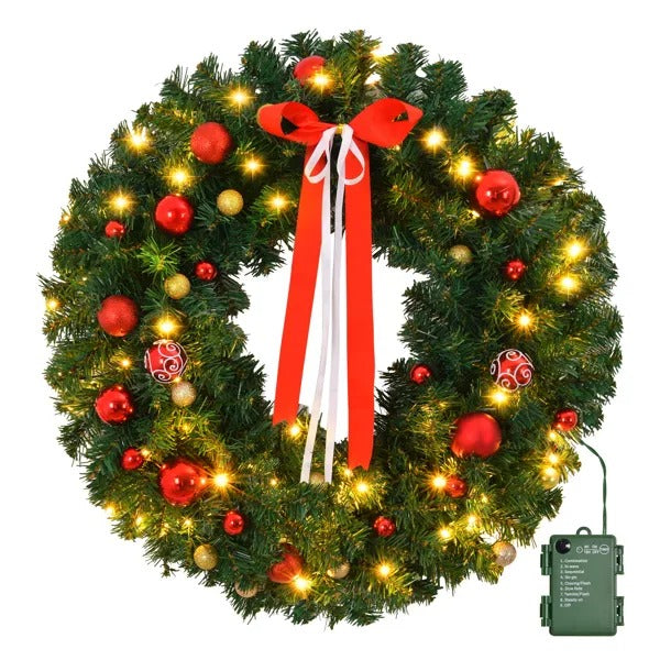 36in Pre-Lit Battery Powered Christmas Wreath - 80 Lights 270 Tips 18 Ornaments - LumiqHome