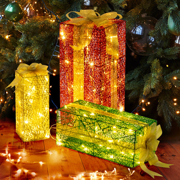 LED Light-Up Christmas Gift Boxes Set of 3 - Green & Gold Large Nesting - LumiqHome