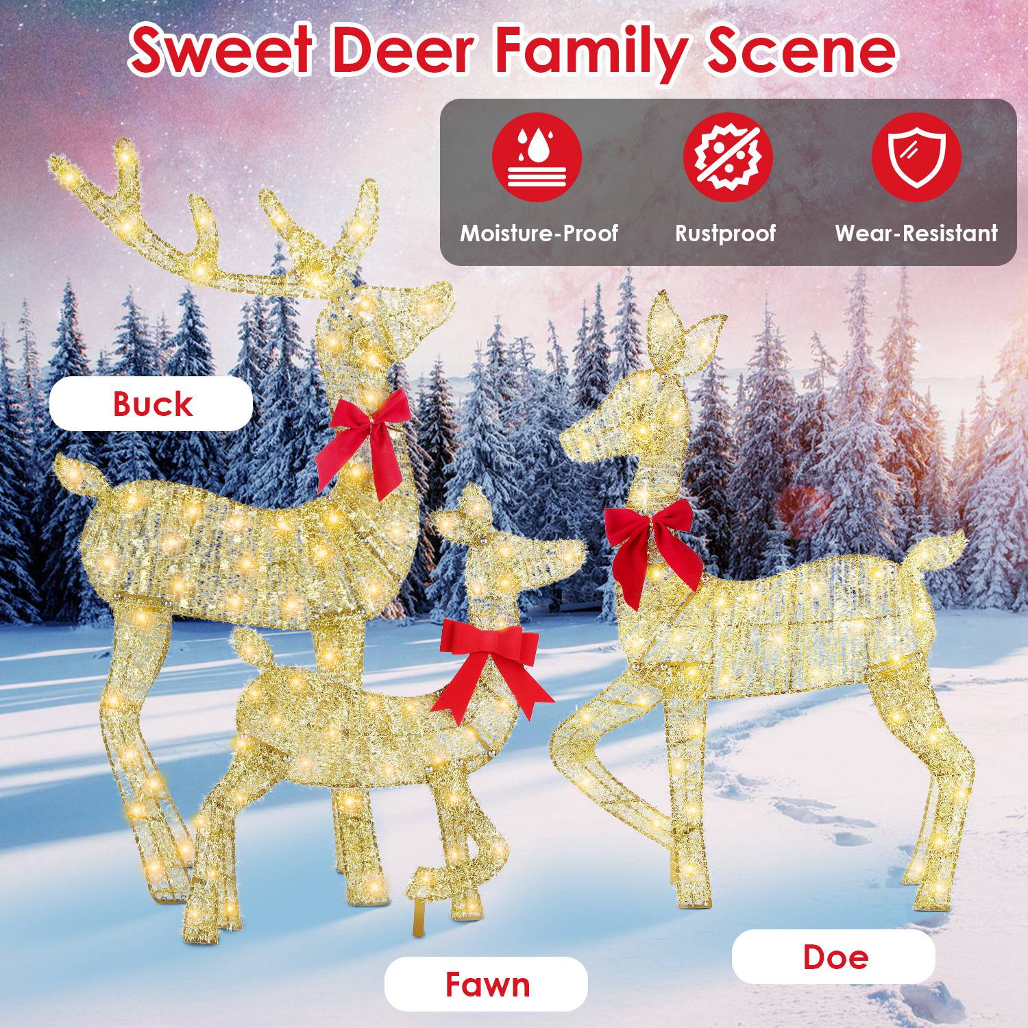 2D Lighted Christmas Deer Family Set of 3 - Buck, Doe & Fawn 8 Lighting Modes - LumiqHome