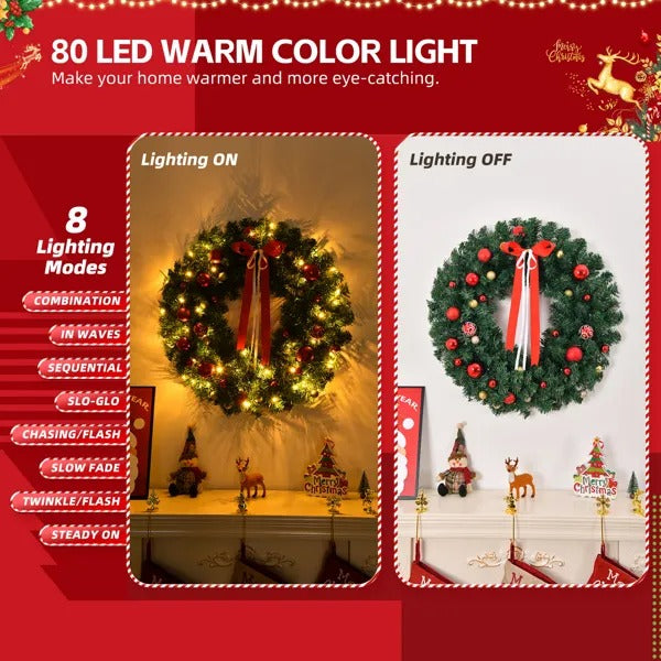 36in Pre-Lit Battery Powered Christmas Wreath - 80 Lights 270 Tips 18 Ornaments - LumiqHome