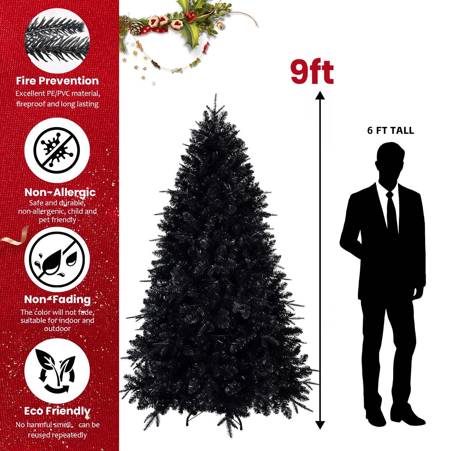 Pre-Lit Black Artificial Christmas Tree with White Lights - 5ft to 9ft - LumiqHome