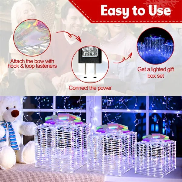 Pre-Lit Iridescent Gift Boxes Set of 3 – 140 LED Warm White Lights – LumiqHome