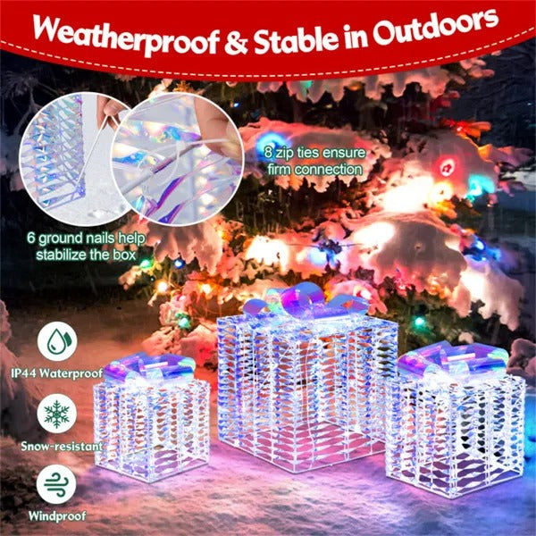 Pre-Lit Iridescent Gift Boxes Set of 3 – 140 LED Warm White Lights – LumiqHome