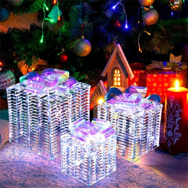 Pre-Lit Iridescent Gift Boxes Set of 3 – 140 LED Warm White Lights – LumiqHome