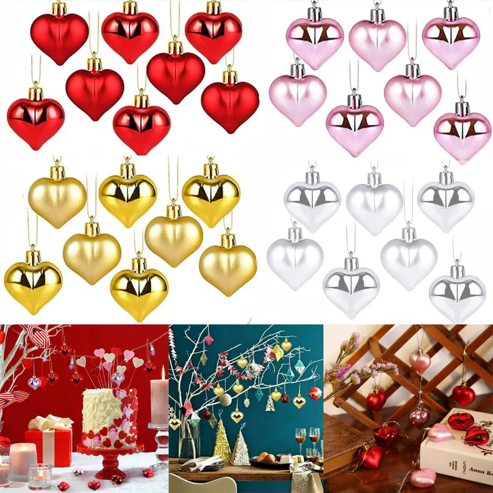 Christmas Heart Shape Ornaments Set of 12 - Gold Red Pink Silver Glossy & Matte - LumiqHome