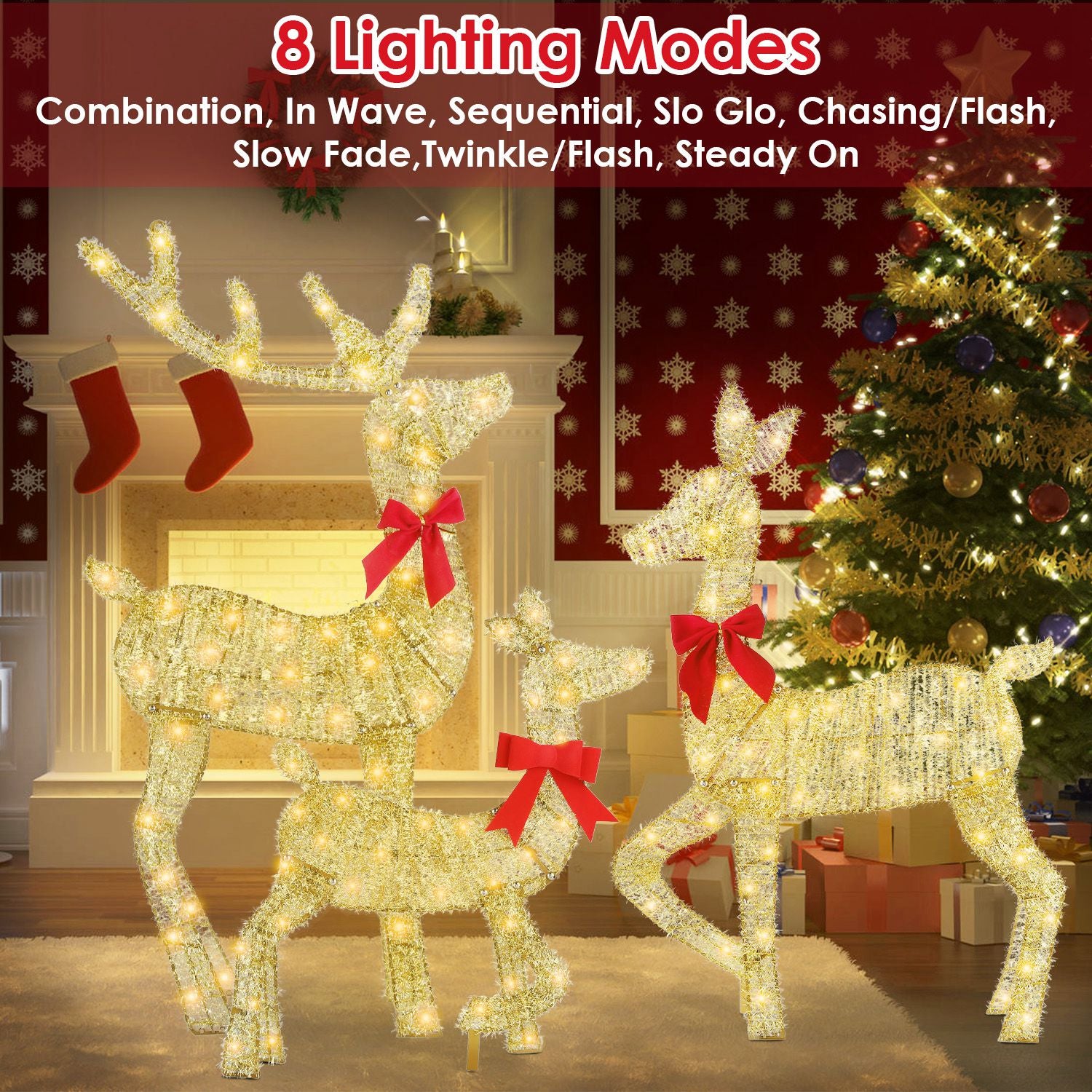 3-Piece Pre-Lit Golden Reindeer Family Set - 200 Warm White LEDs Outdoor - LumiqHome