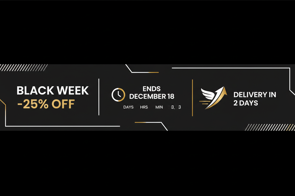 Black Week Banner with Countdown and Delivery
