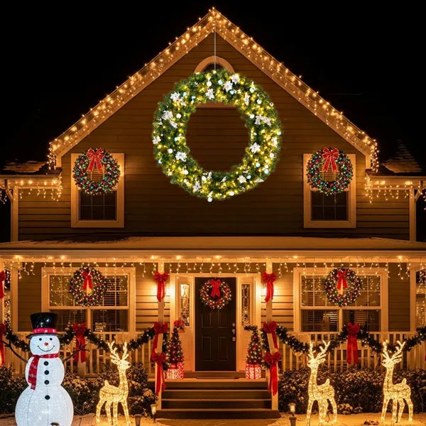 60in Pre-Lit Christmas Wreath - 220 Dual White Lights 600 Tips Light Green - LumiqHome