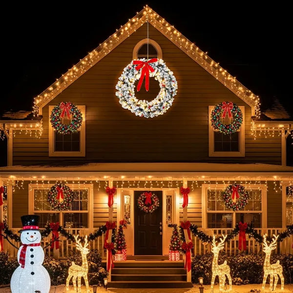48in Pre-Lit Snow Flocked Christmas Wreath - 150 Warm White Lights 450 Tips - LumiqHome