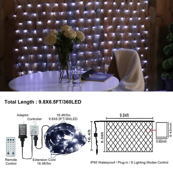 Christmas LED Mesh Net Lights - 9.8x6.5ft 360 LEDs 8 Modes Remote - LumiqHome
