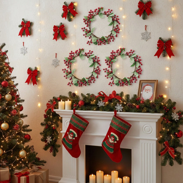 3PCS Set Christmas Door Wreath With Pine Cones & Greene by LumiqHome – elegant holiday home décor in a cozy setting