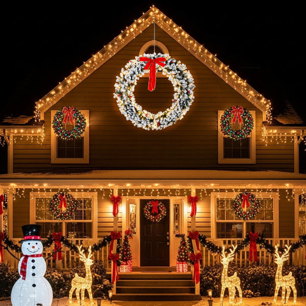 60in Pre-Lit Snow Flocked Christmas Wreath - 220 Warm White Lights 600 Tips - LumiqHome