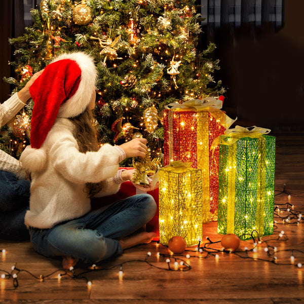 LED Light-Up Christmas Gift Boxes Set of 3 - Green & Gold Large Nesting - LumiqHome