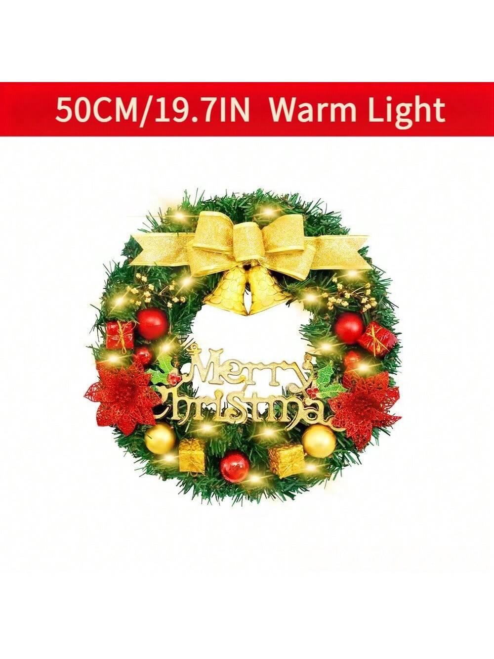 20-inch Bell-Style Christmas Wreath - Warm or Coloured Light - LumiqHome