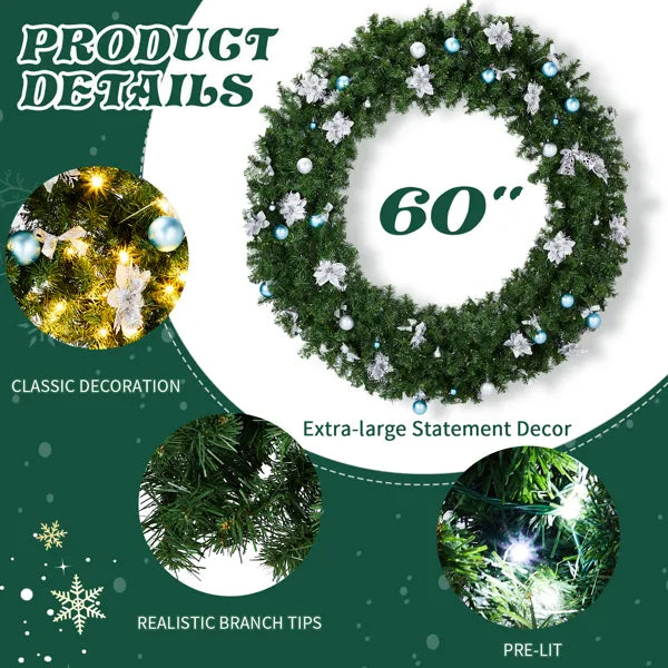 60in Pre-Lit Christmas Wreath - 220 Dual White Lights 600 Tips Light Green - LumiqHome