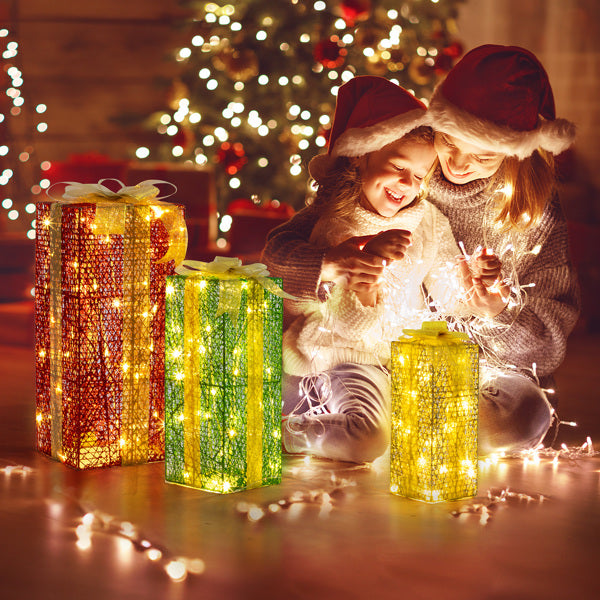 LED Light-Up Christmas Gift Boxes Set of 3 - Green & Gold Large Nesting - LumiqHome