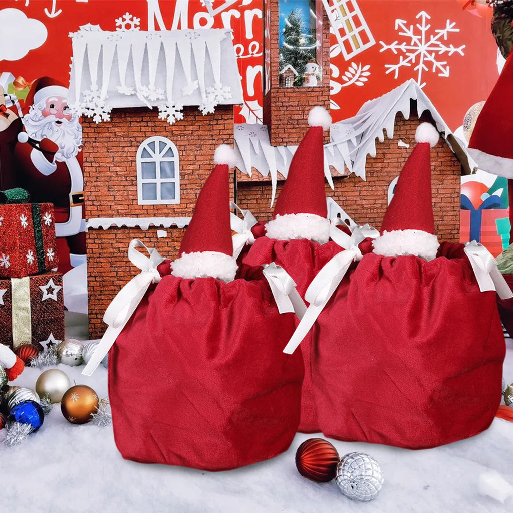 Christmas Hat Flannel Drawstring Gift Bags Set of 5 - LumiqHome