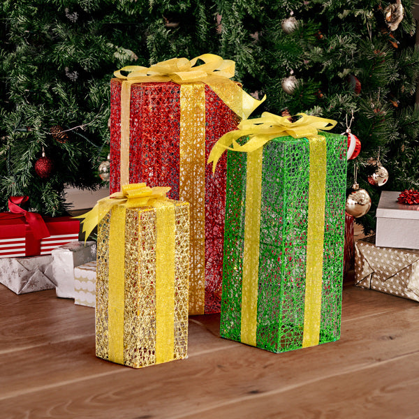 LED Light-Up Christmas Gift Boxes Set of 3 - Green & Gold Large Nesting - LumiqHome