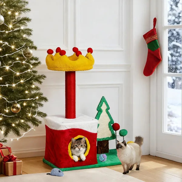 29.5" Christmas Themed Plush Cat Tree – Multi-Level Cat Tower – LumiqHome