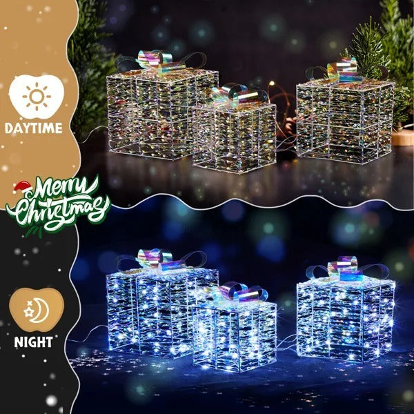 Lighted Iridescent Gift Boxes Set Of 3, Pre-lit Nestabl by LumiqHome – elegant led christmas décor in a cozy setting