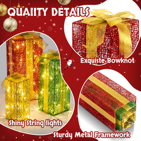 LED Light-Up Christmas Gift Boxes Set of 3 - Green & Gold Large Nesting - LumiqHome