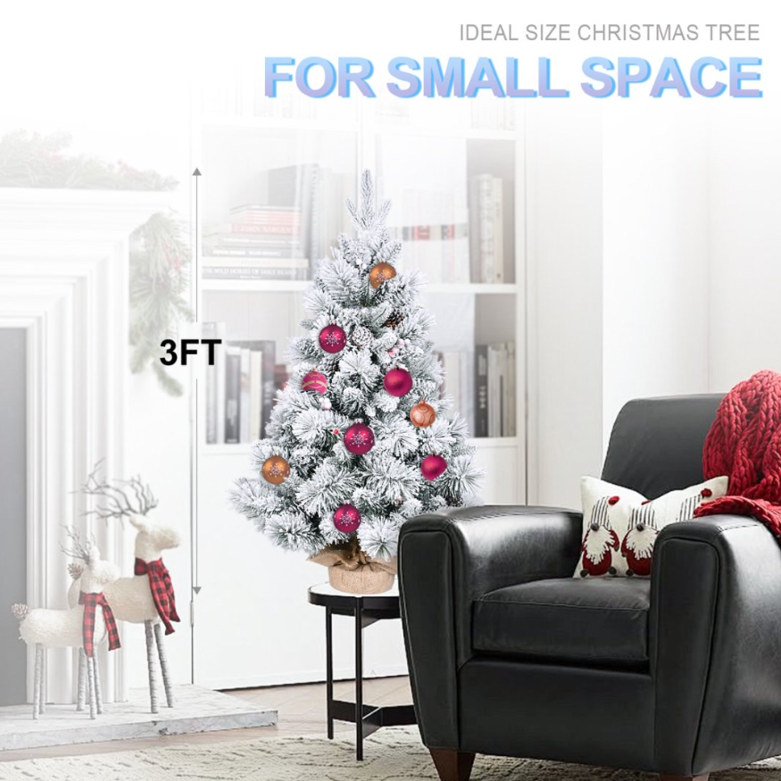 3ft Snow Flocked Tabletop Christmas Tree - 14 Pine Cones & Red Berries - LumiqHome