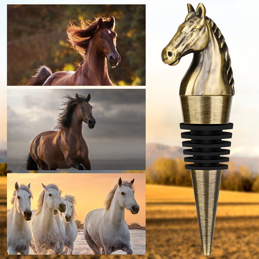 Horse head wine stopper showcased with beautiful horse images, perfect for home decor and gifting.