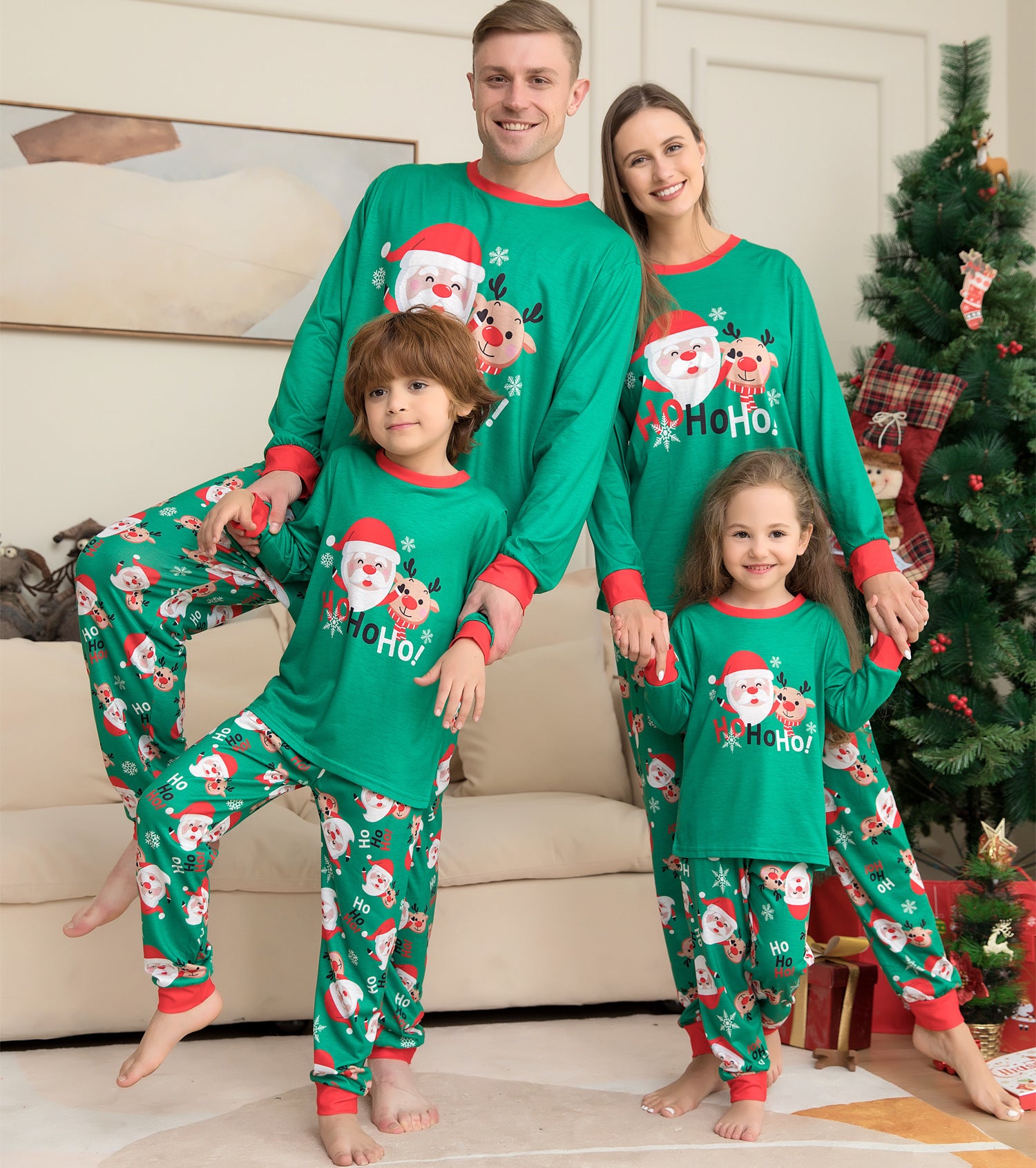 Family matching Christmas pajamas green family of four