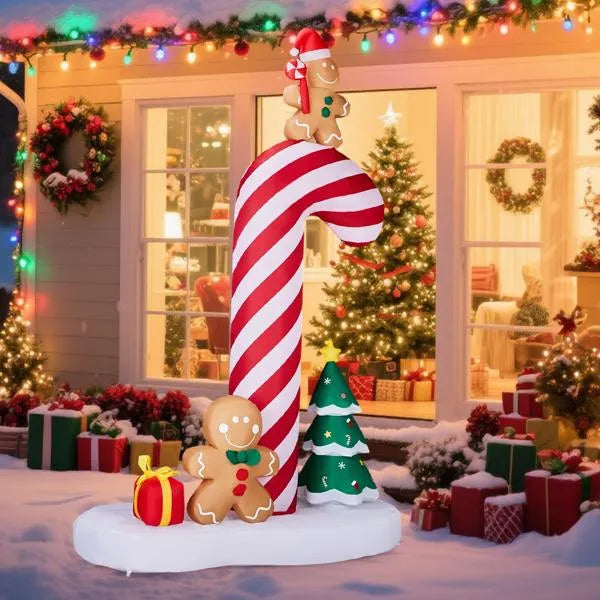 8.2ft LED Inflatable Giant Candy Cane with Gingerbread Men - Outdoor Yard Decor - LumiqHome