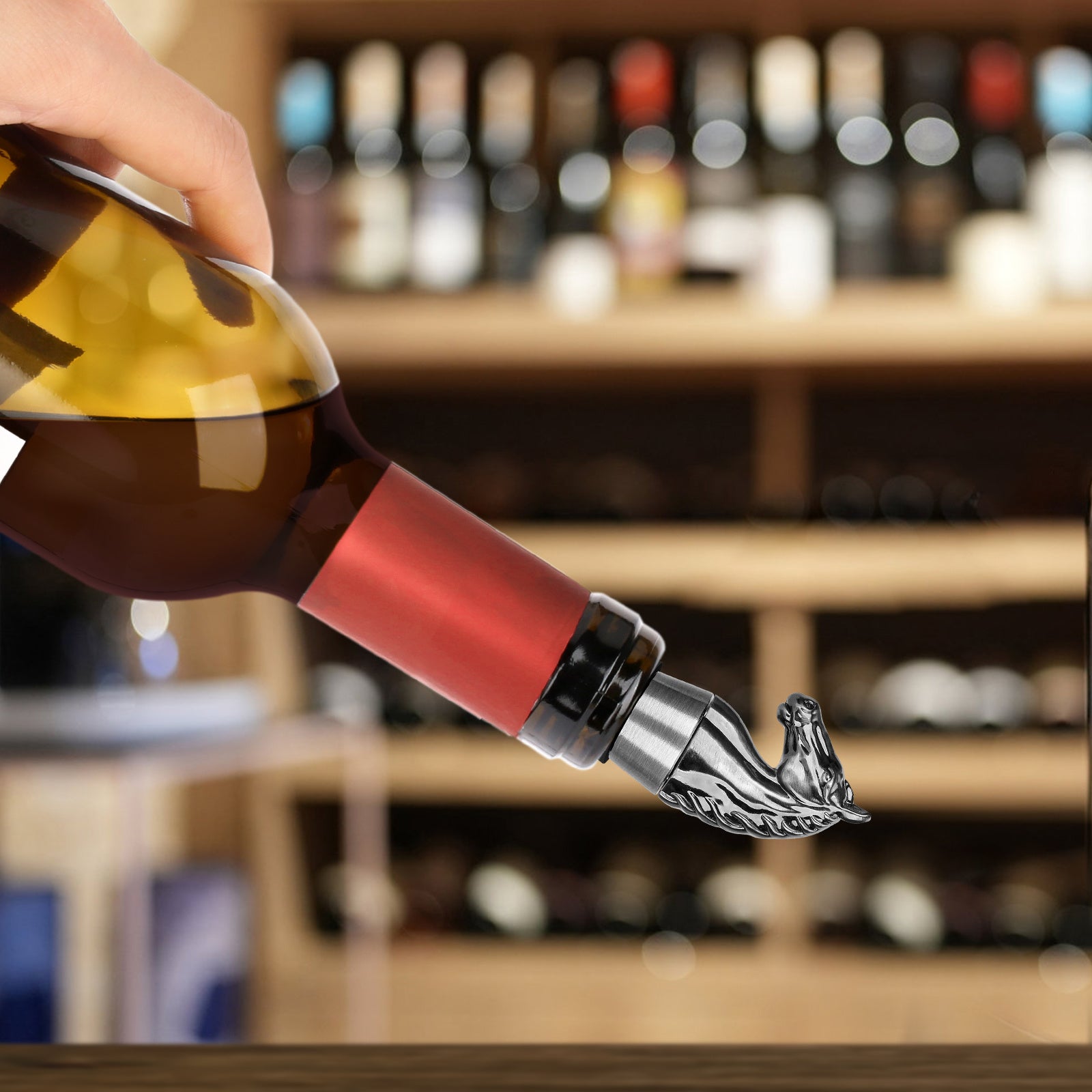 Horse head wine stopper elegantly placed on a wine bottle, adding luxury decor to any home bar.