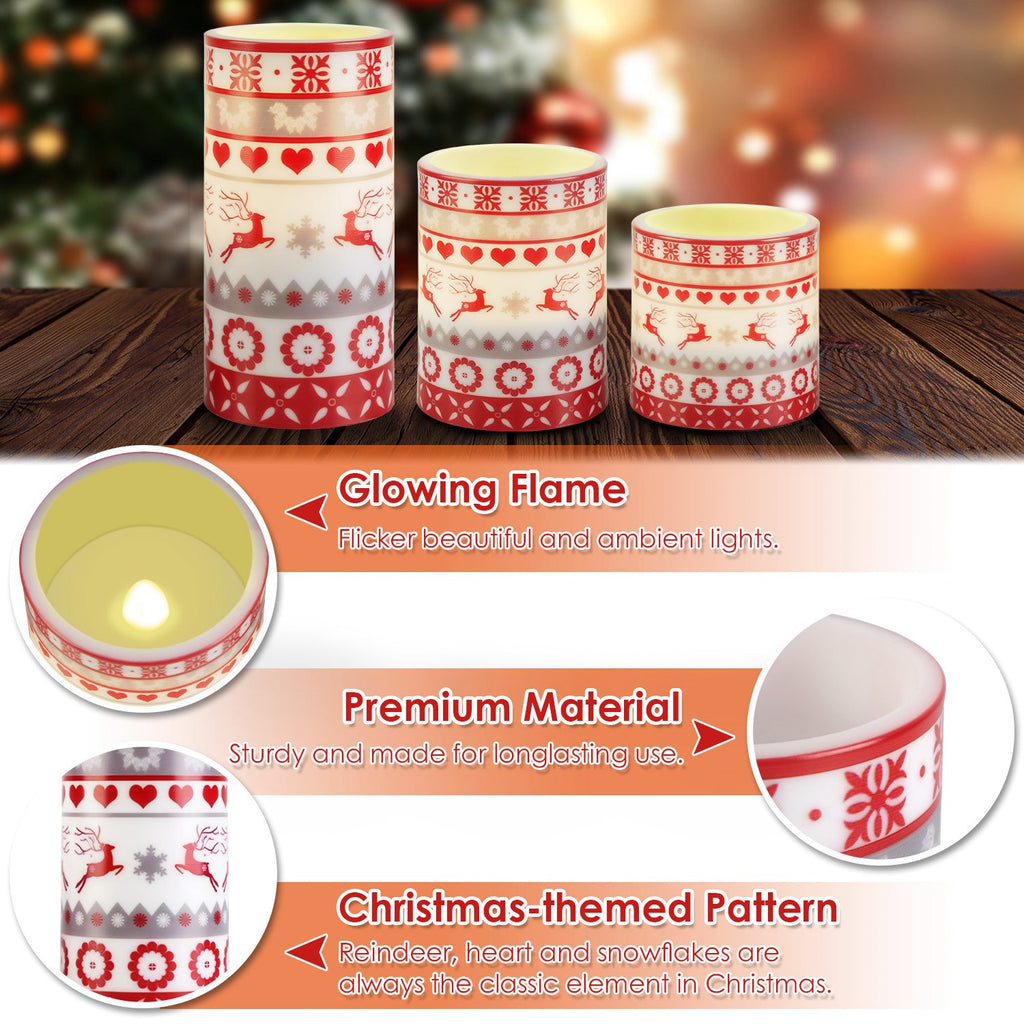 Christmas Flameless LED Pillar Candles Set of 3 - Deer Design with Remote - LumiqHome