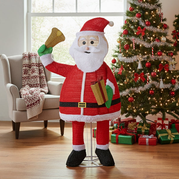 6ft Pre-Lit Pull-Up Santa Claus Holding Bell - 200 Warm White LEDs - LumiqHome