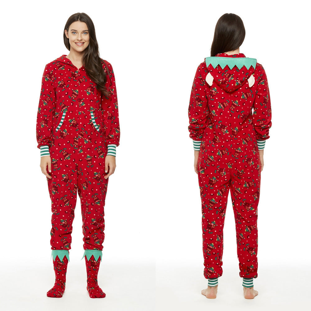 Parent-child hooded Christmas print jumpsuit woman child angled pose LumiqHome