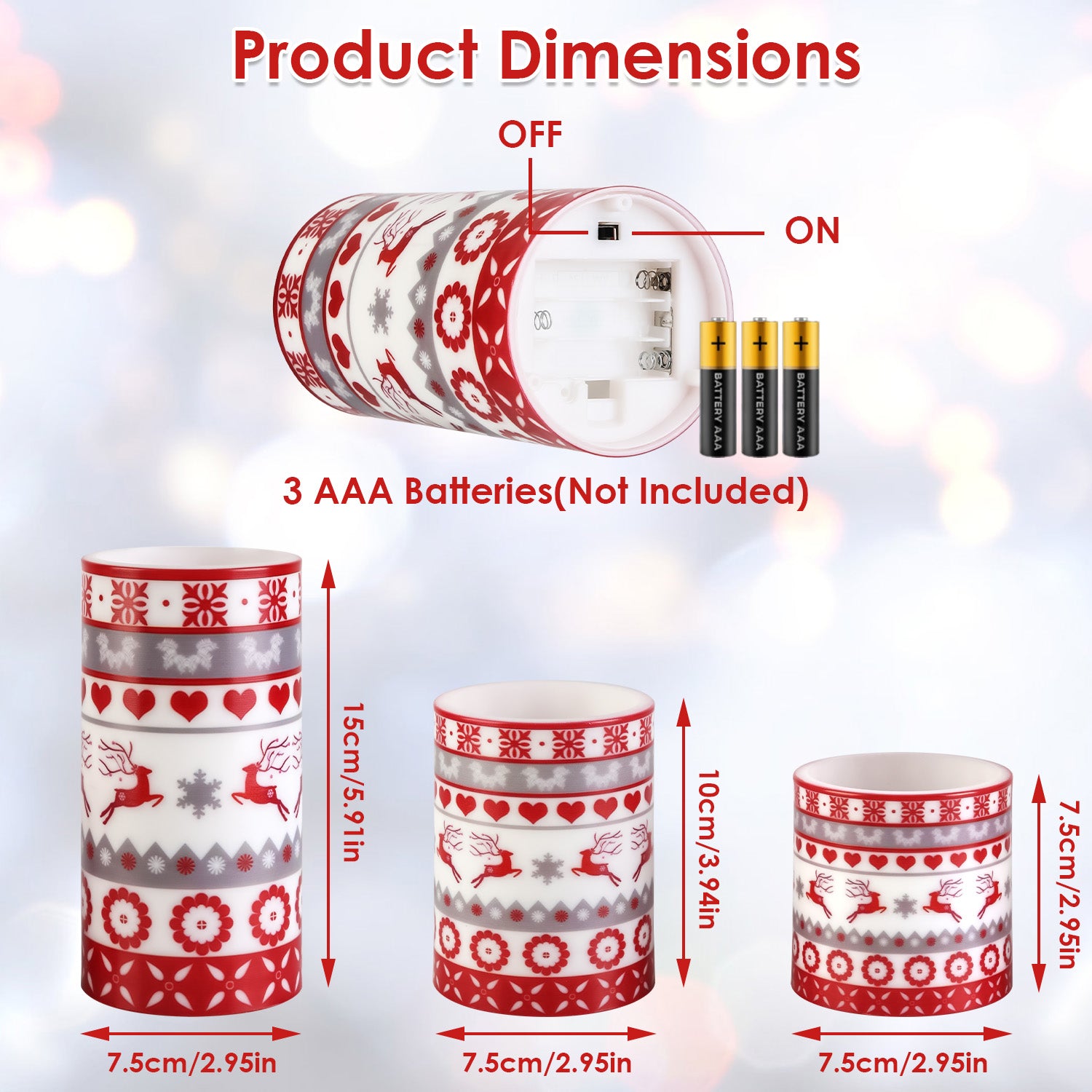 Christmas Flameless LED Pillar Candles Set of 3 - Deer Design with Remote - LumiqHome