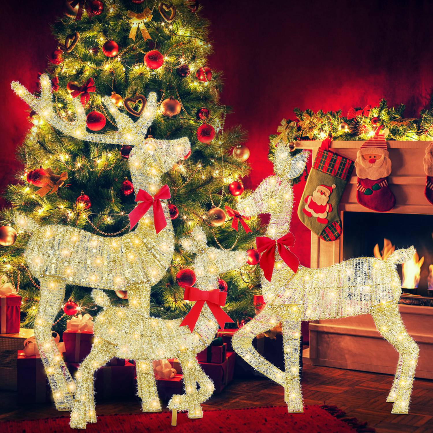 3-Piece Pre-Lit Golden Reindeer Family Set - 200 Warm White LEDs Outdoor - LumiqHome