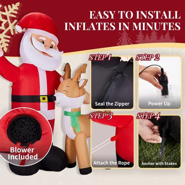 6.3ft LED Inflatable Santa and Reindeer - Outdoor Yard Christmas Decoration - LumiqHome