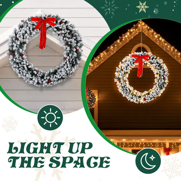 60in Pre-Lit Snow Flocked Christmas Wreath - 220 Warm White Lights 600 Tips - LumiqHome