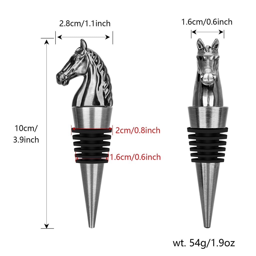 Horse head wine stopper with detailed design and measurements for wine bottle decor, 10cm tall.