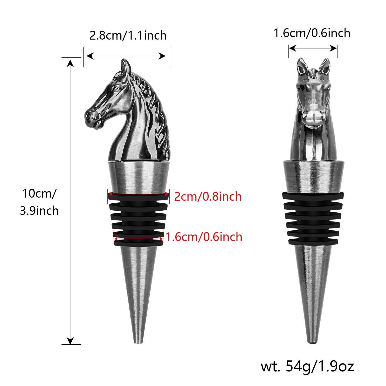 Horse head wine stopper with detailed design and measurements for wine bottle decor, 10cm tall.